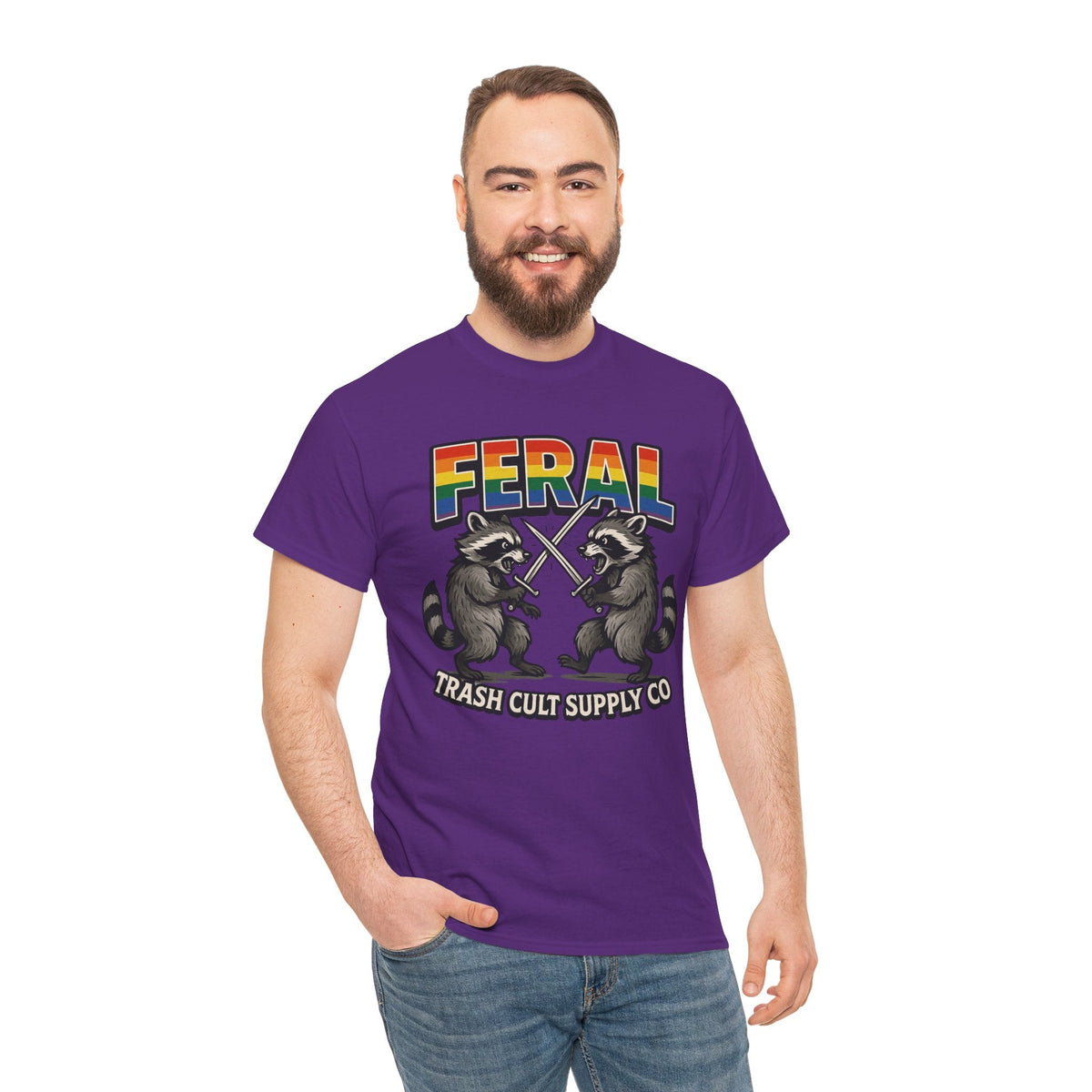 FERAL Rainbow Raccoon Sword Fighting Graphic Tee – Gildan 5000 Heavy Cotton