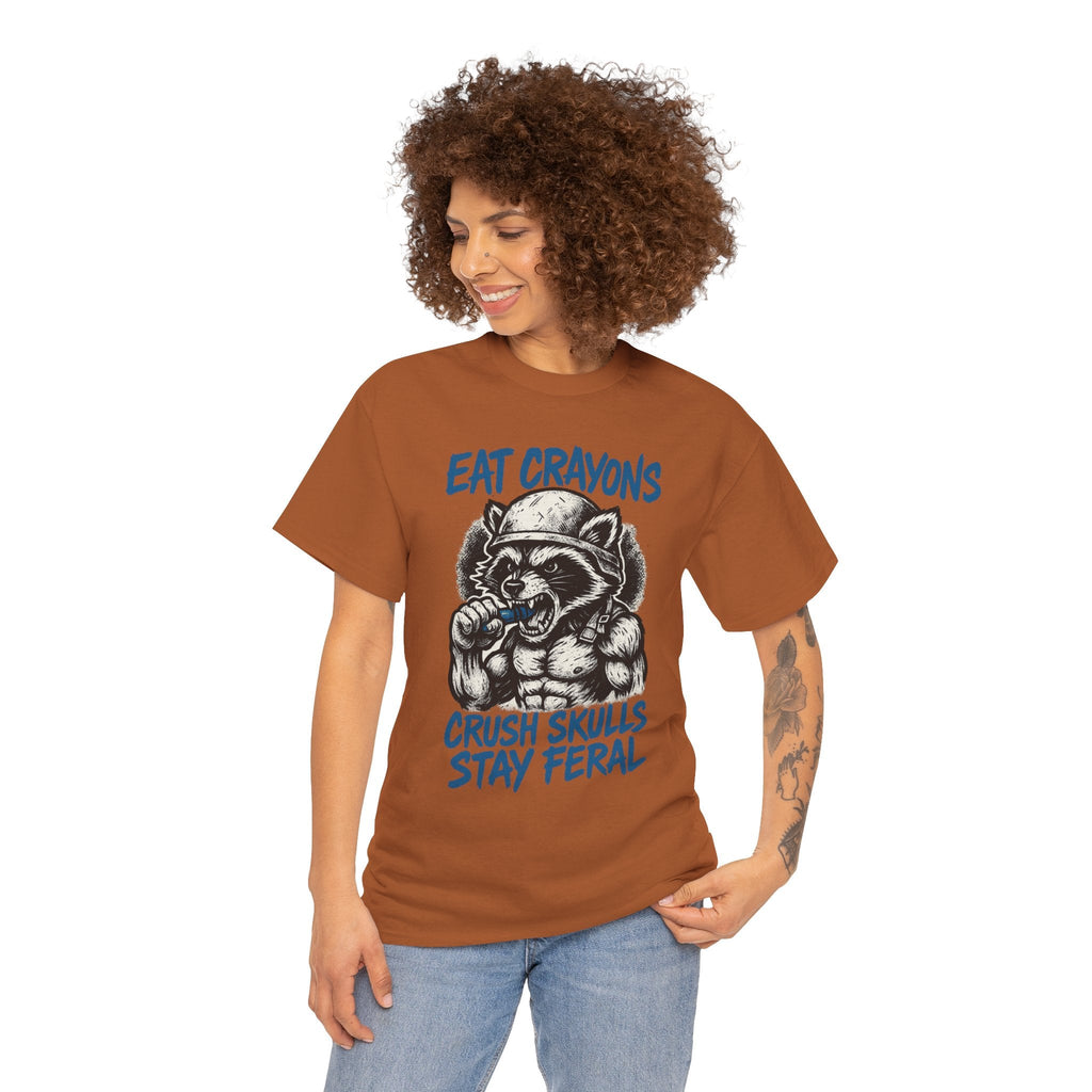 Eat Crayons Crush Skulls Stay Feral Military Raccoon Shirt – Gildan 5000