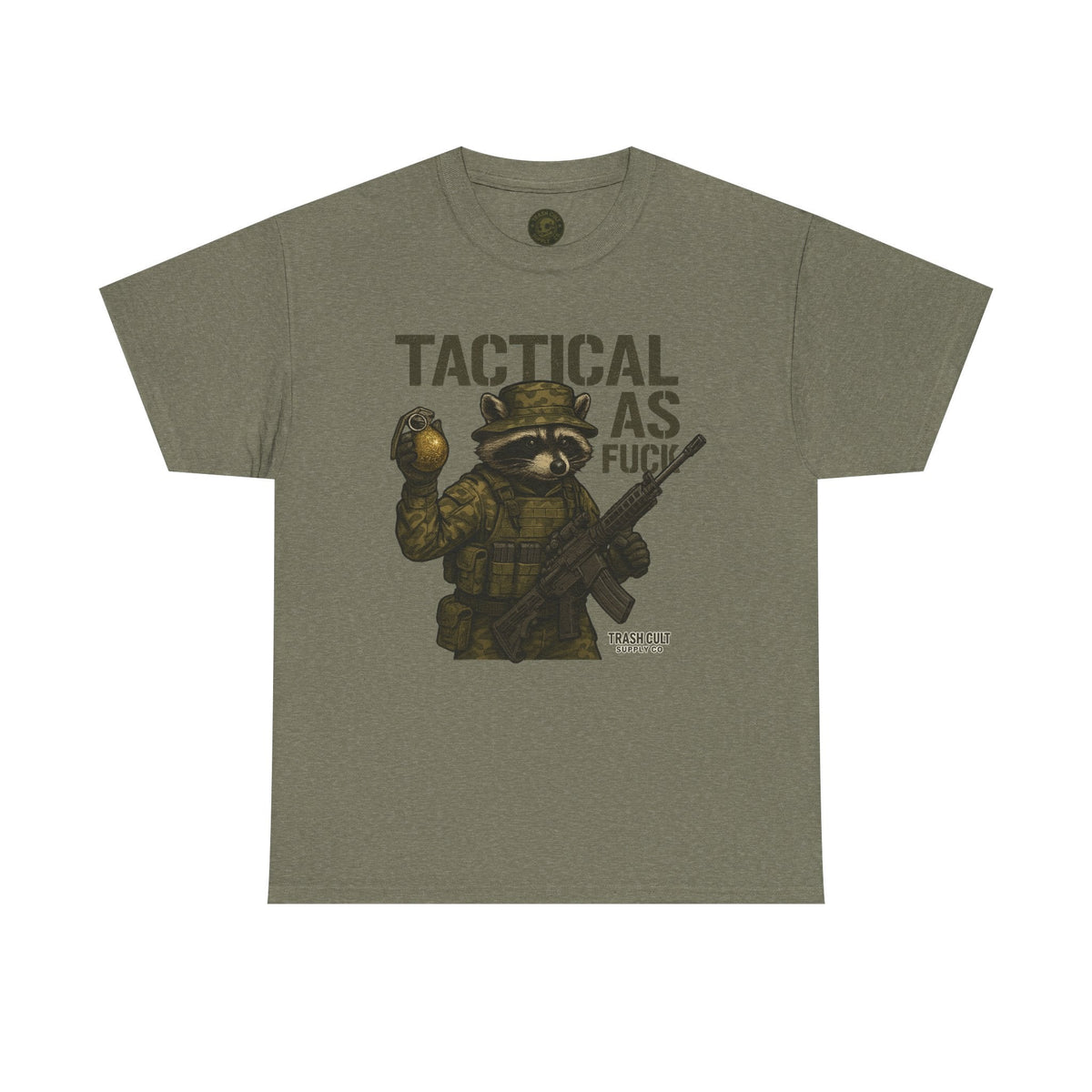 Tactical As F*** T-Shirt – Armed Raccoon Military Humor Tee | Trash Cult Supply Co. | Gildan 5000 Heavy Cotton