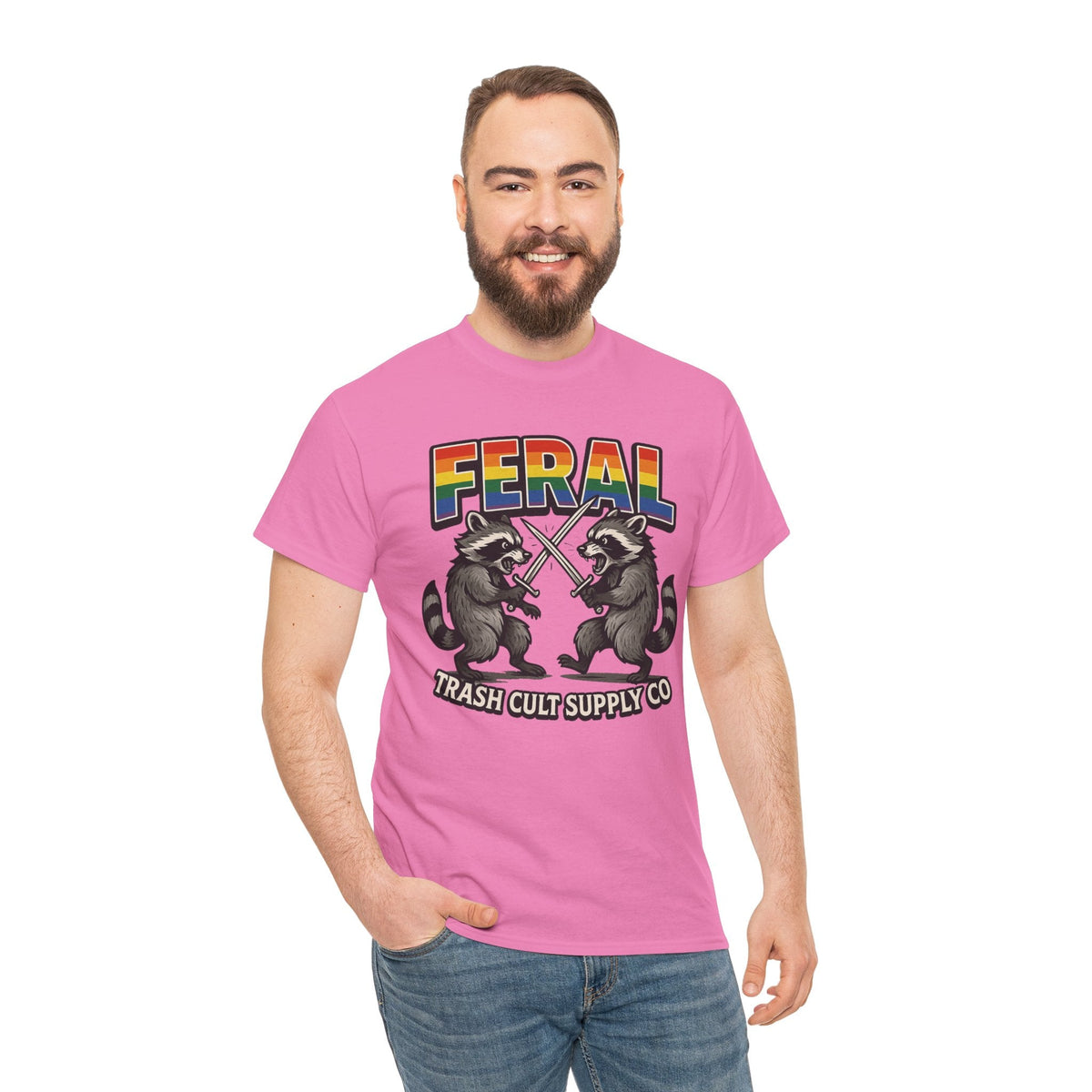 FERAL Rainbow Raccoon Sword Fighting Graphic Tee – Gildan 5000 Heavy Cotton