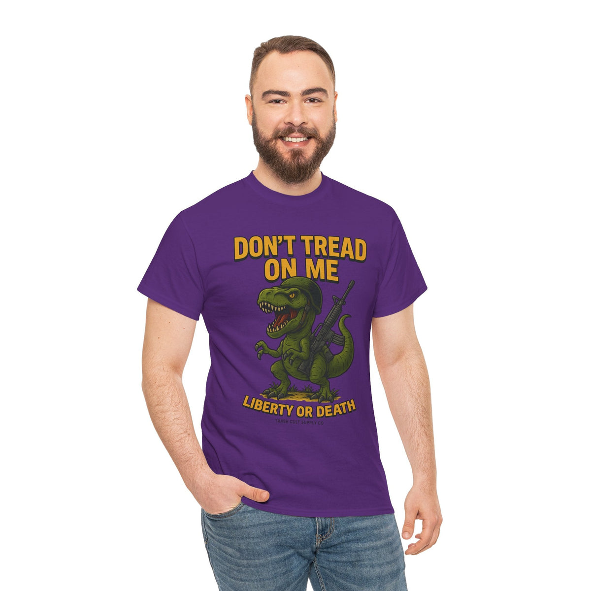 Don’t Tread On Me T-Rex T-Shirt – Liberty or Death Graphic | Trash Cult Supply Co. | Gildan 5000 Heavy Cotton