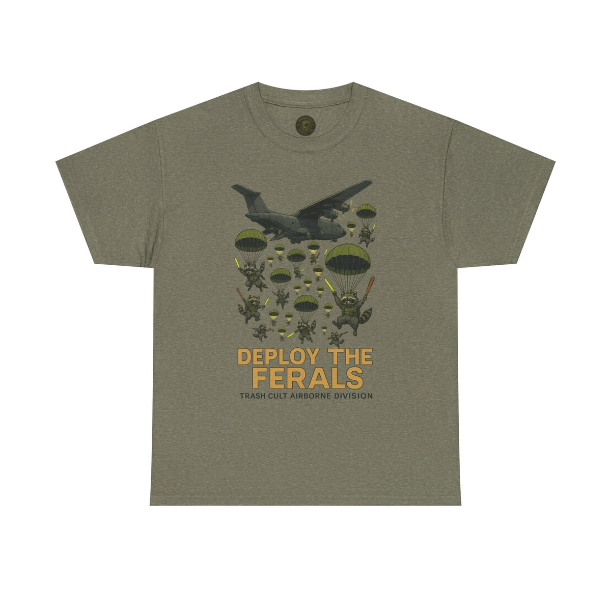 Deploy the Ferals T-Shirt – Airborne Raccoon Drop Graphic | Trash Cult Supply Co. | Gildan 5000 Heavy Cotton Tee