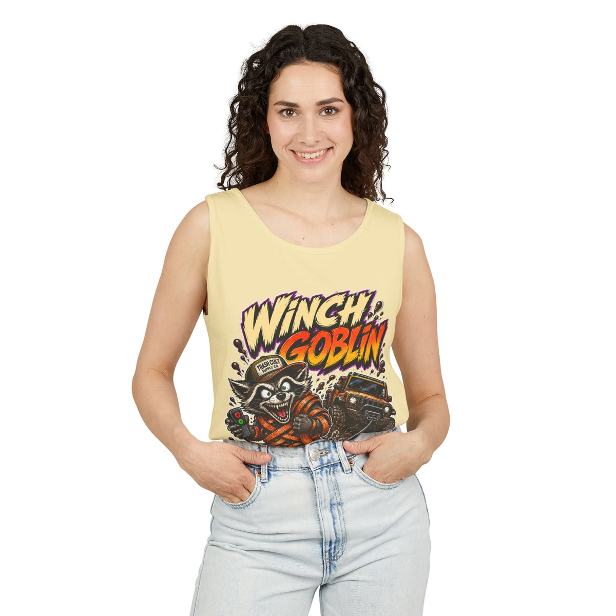 Winch Goblin Graphic Tank Top — Retro Cartoon Mechanic Design