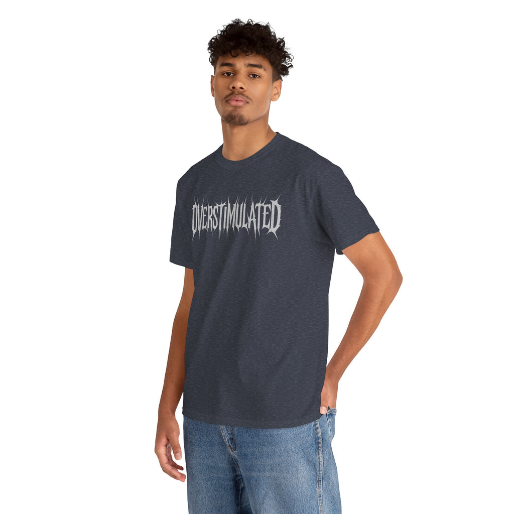 OVERSTIMULATED Metalcore Grunge Shirt – White on Black Distressed Font Tee