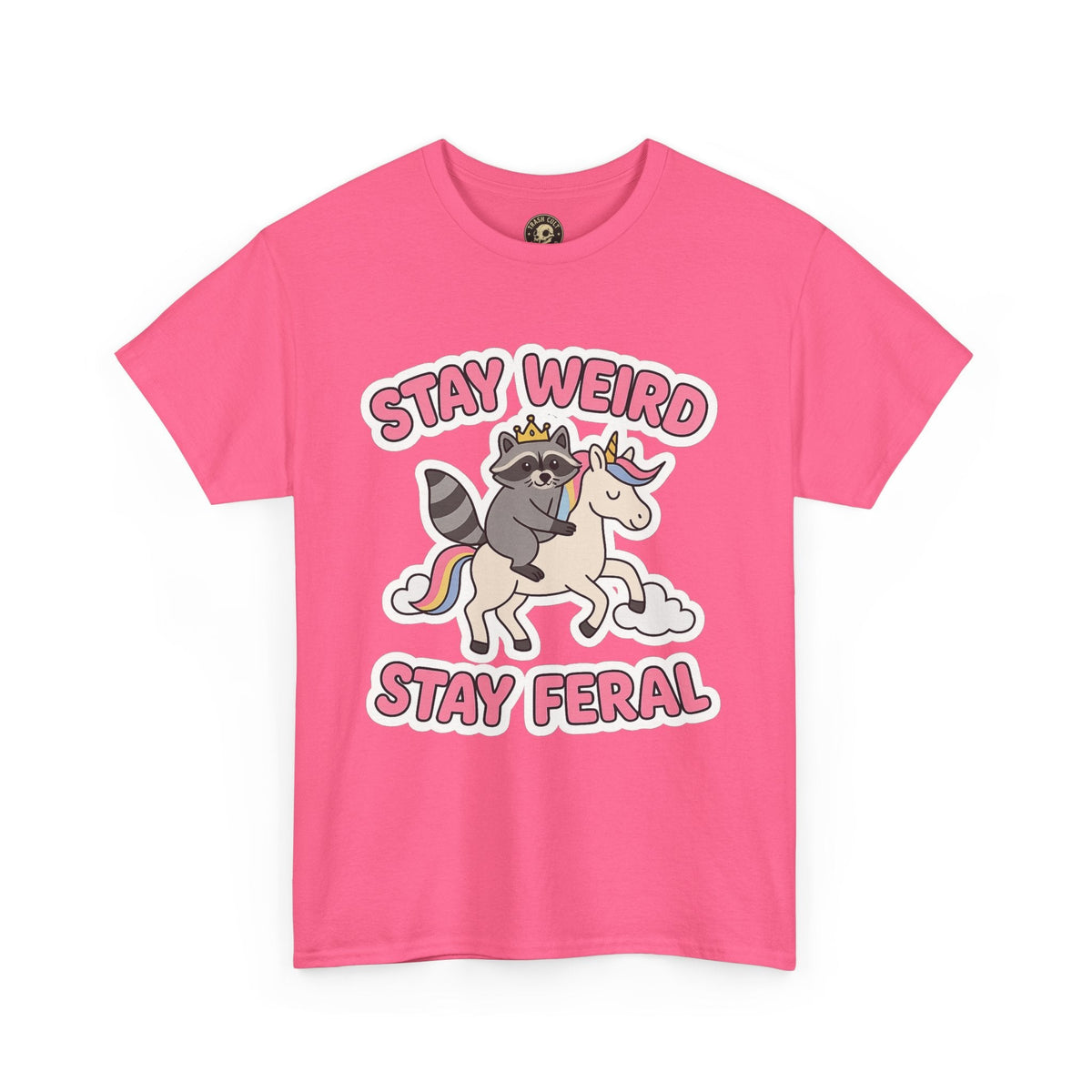 Stay Weird Stay Feral Shirt – Raccoon & Unicorn – High Visibility Gildan 5000 Tee