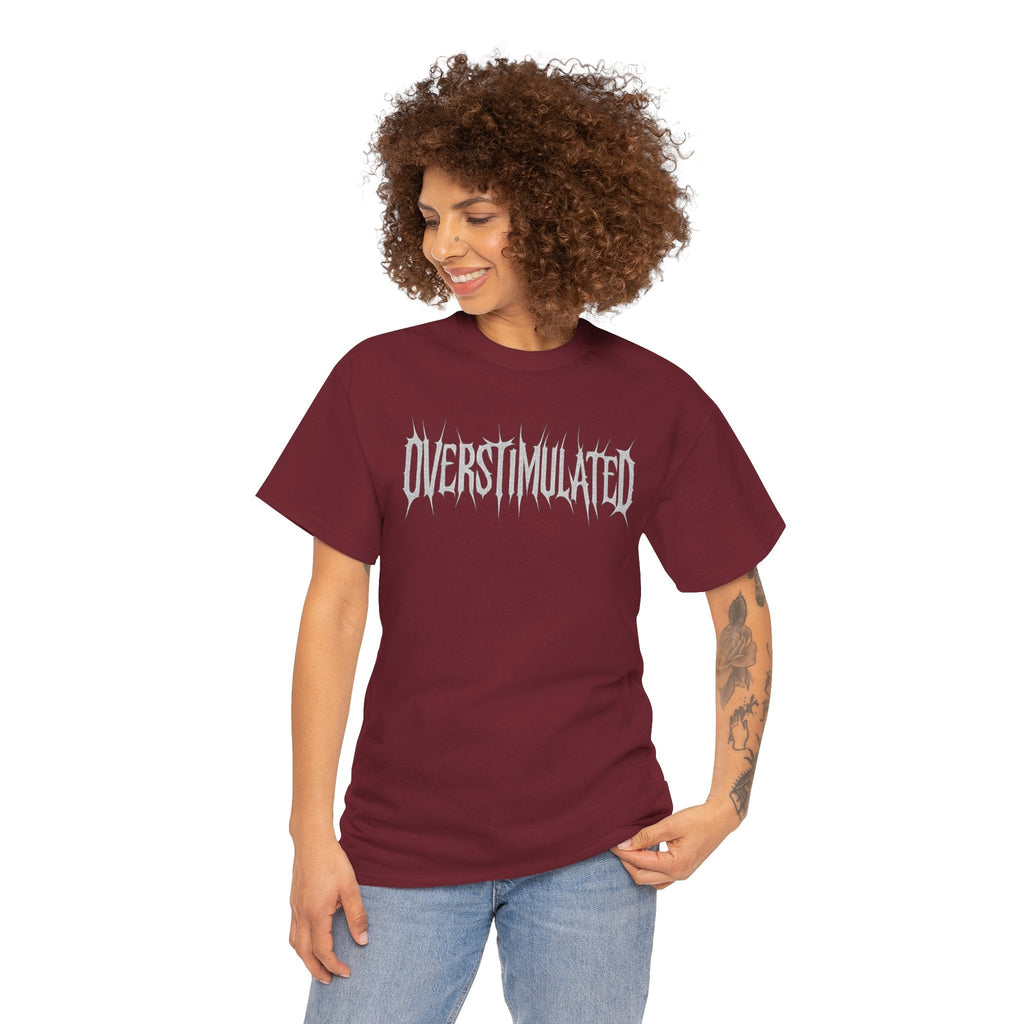 OVERSTIMULATED Metalcore Grunge Shirt – White on Black Distressed Font Tee