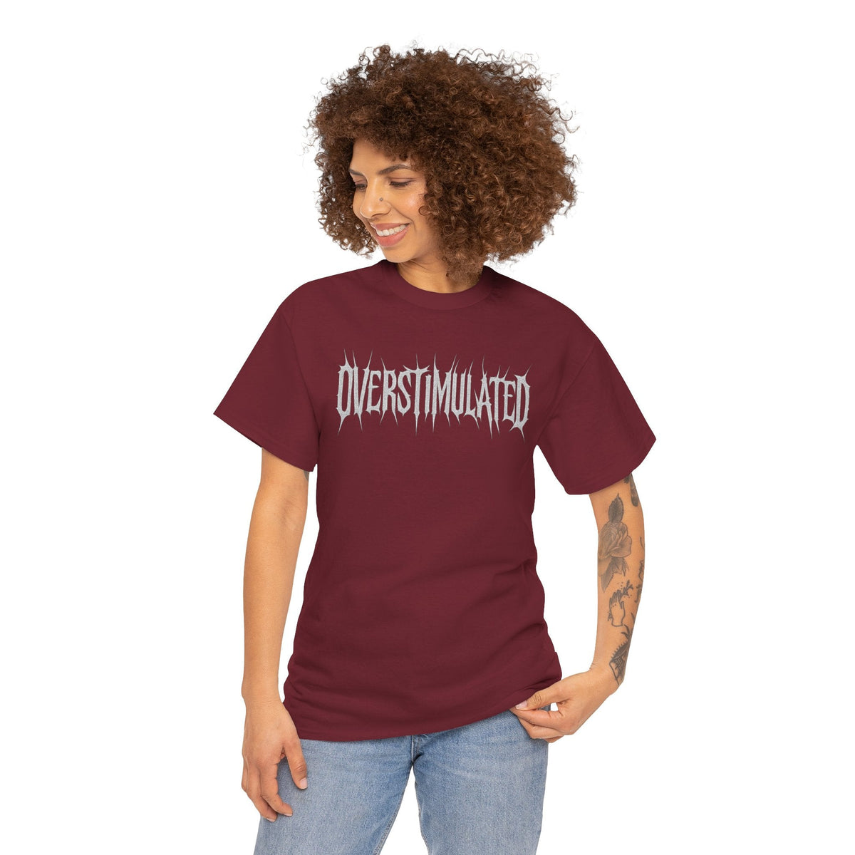 OVERSTIMULATED Metalcore Grunge Shirt – White on Black Distressed Font Tee