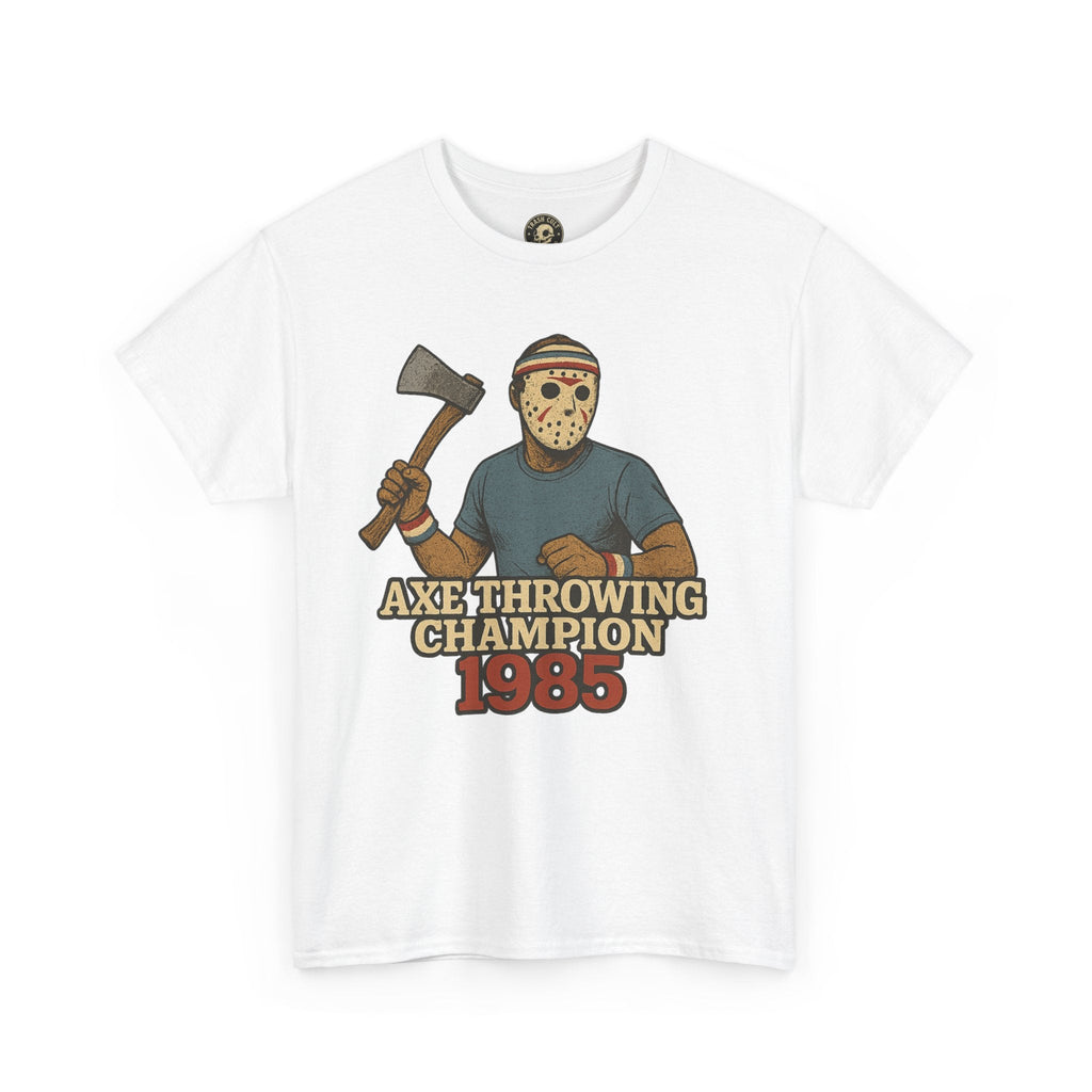 Jason Voorhees Axe Throwing Champion 1985 T-Shirt – Retro Slasher Workout Parody | Gildan 5000 Tee