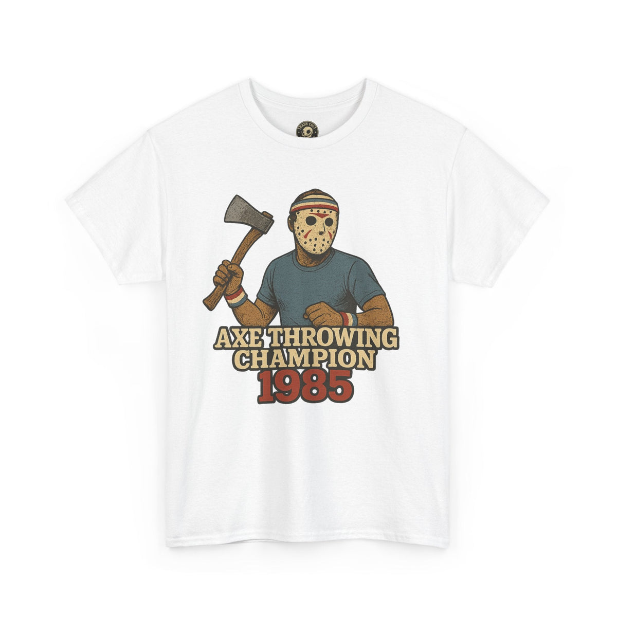 Jason Voorhees Axe Throwing Champion 1985 T-Shirt – Retro Slasher Workout Parody | Gildan 5000 Tee