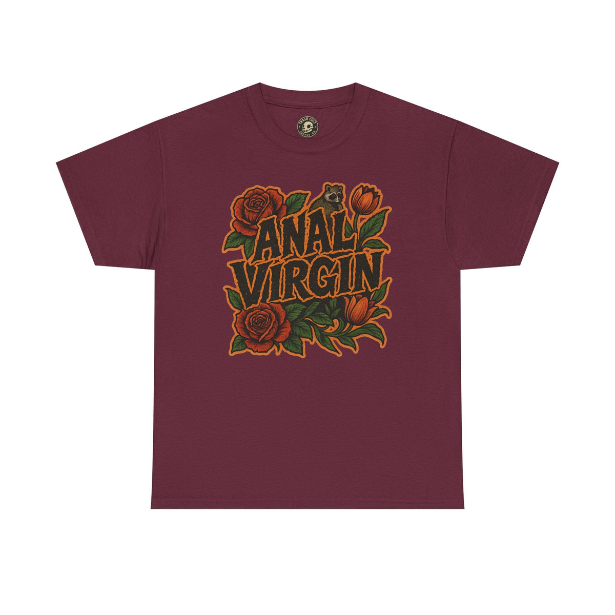 Anal Virgin Bold Floral Trashcore Tee – Funny Raccoon Shirt – Gildan 5000