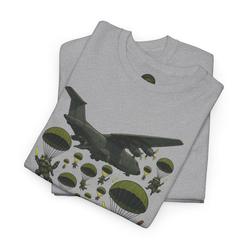 Deploy the Ferals T-Shirt – Airborne Raccoon Drop Graphic | Trash Cult Supply Co. | Gildan 5000 Heavy Cotton Tee