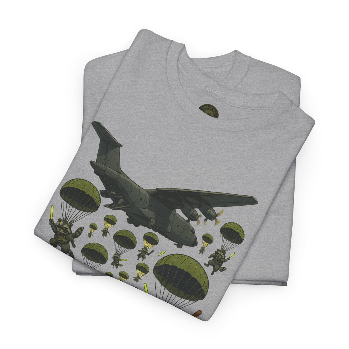 Deploy the Ferals T-Shirt – Airborne Raccoon Drop Graphic | Trash Cult Supply Co. | Gildan 5000 Heavy Cotton Tee