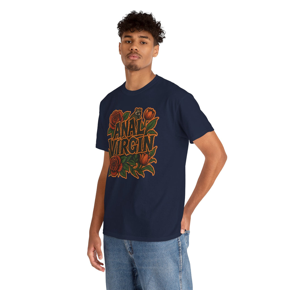 Anal Virgin Bold Floral Trashcore Tee – Funny Raccoon Shirt – Gildan 5000