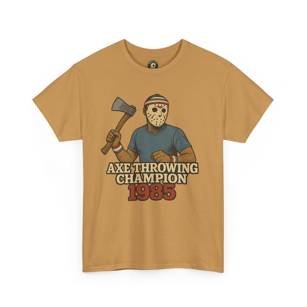 Jason Voorhees Axe Throwing Champion 1985 T-Shirt – Retro Slasher Workout Parody | Gildan 5000 Tee