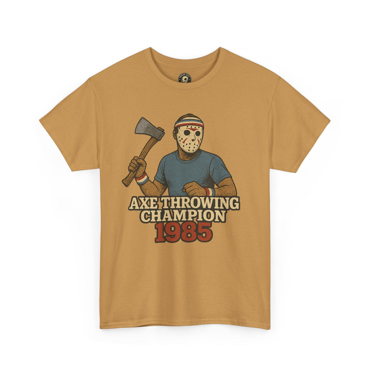 Jason Voorhees Axe Throwing Champion 1985 T-Shirt – Retro Slasher Workout Parody | Gildan 5000 Tee