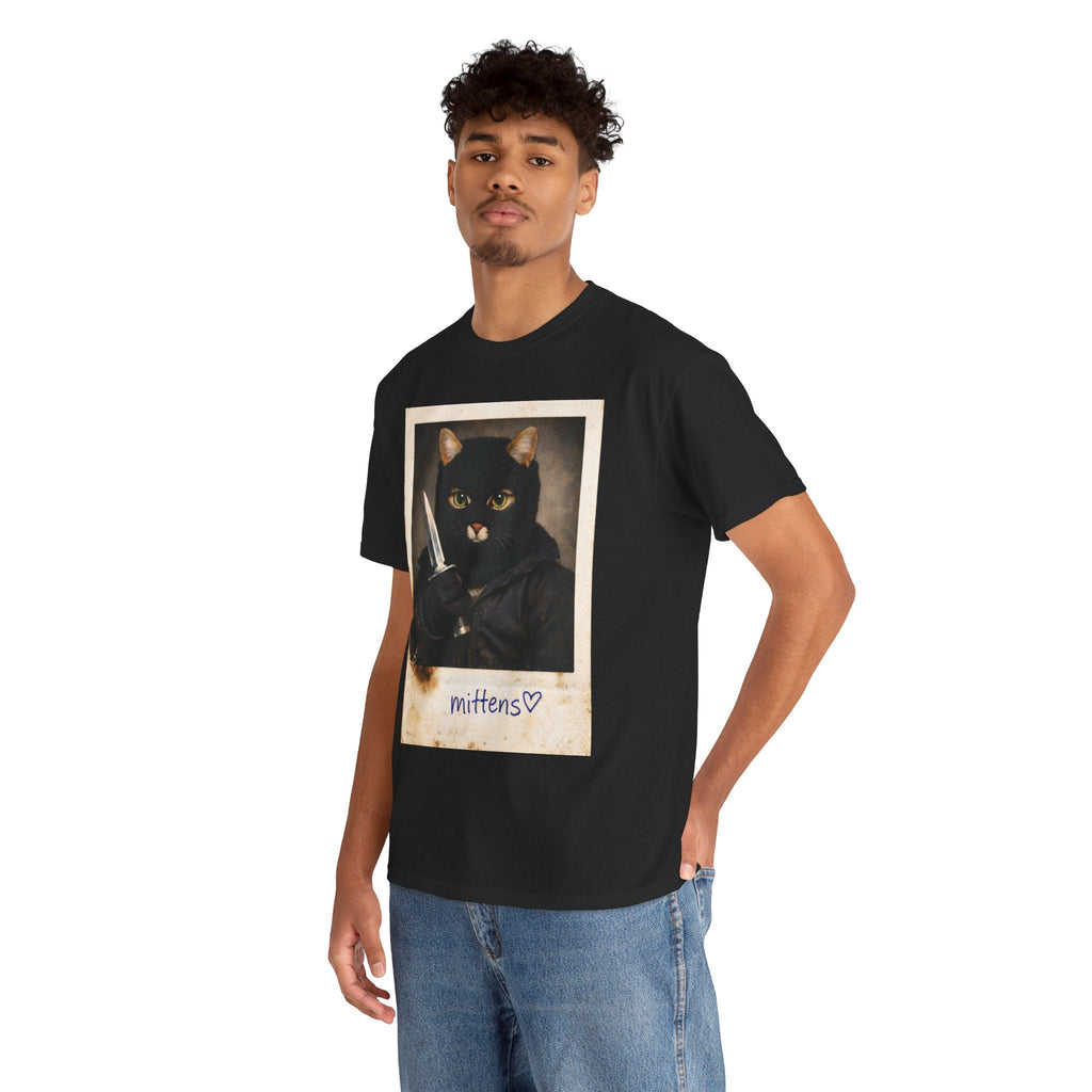 Cat With Knife Tee — "Mittens" Dark Humor Vintage Polaroid Graphic T-Shirt