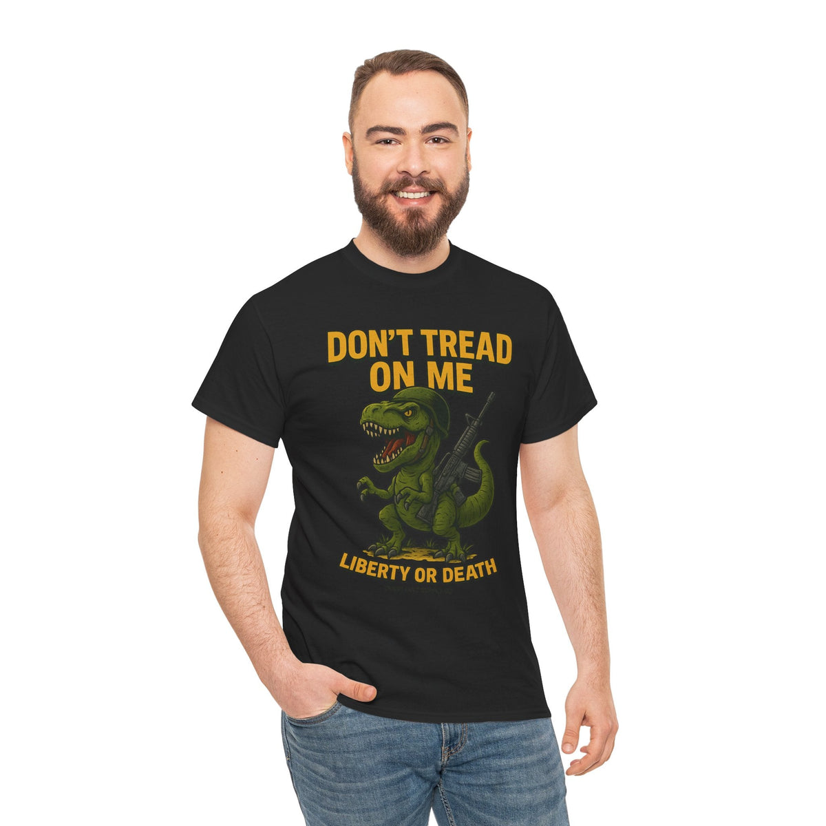 Don’t Tread On Me T-Rex T-Shirt – Liberty or Death Graphic | Trash Cult Supply Co. | Gildan 5000 Heavy Cotton