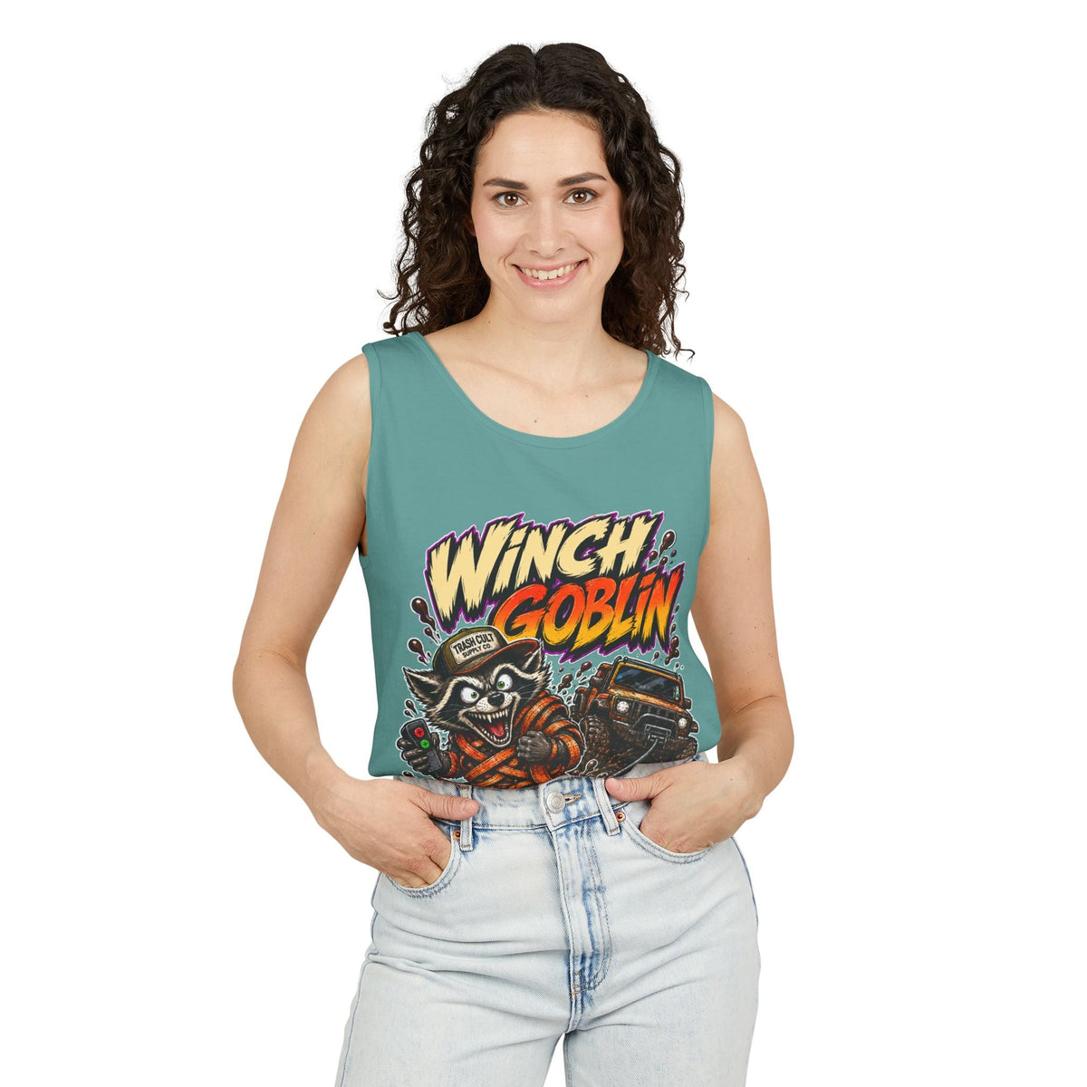 Winch Goblin Graphic Tank Top — Retro Cartoon Mechanic Design