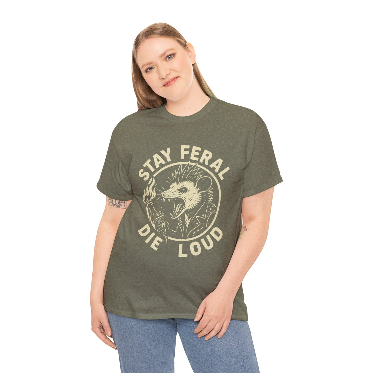 Stay Feral Die Loud Possum Punk Shirt – Trash Cult Supply Co – Gildan 5000 T-Shirt