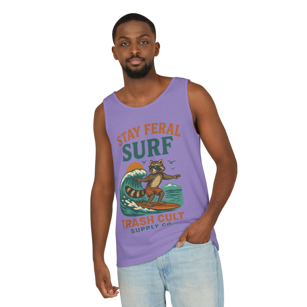 Stay Feral Surf Tank Top – Retro Raccoon Beach Tank – Trash Cult Supply Co – Comfort Colors 9360