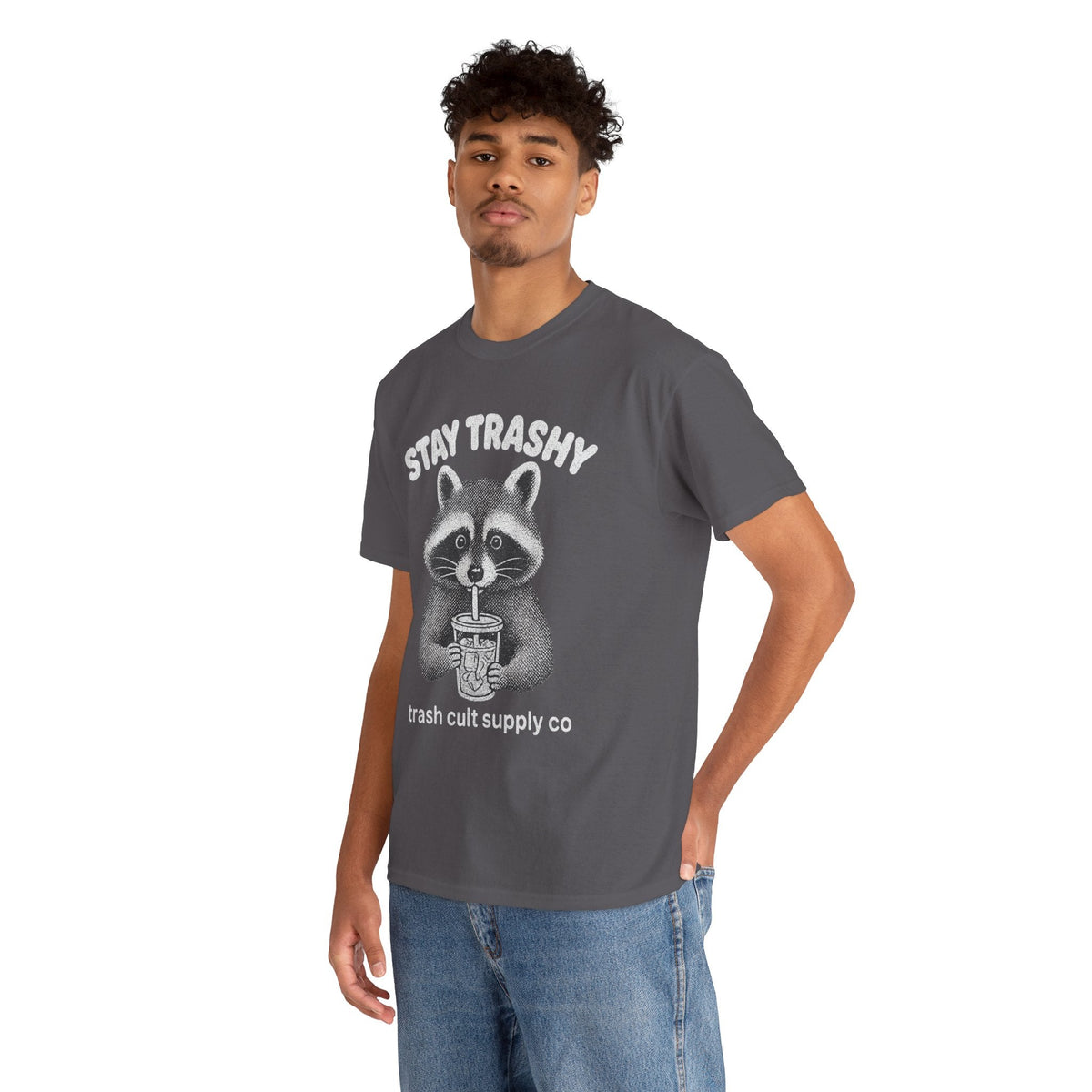Stay Trashy Raccoon Iced Coffee Shirt – Halftone All White Design | Trash Cult Supply Co.