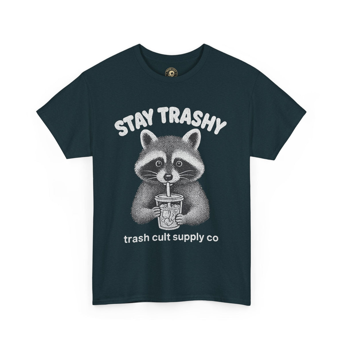 Stay Trashy Raccoon Iced Coffee Shirt – Halftone All White Design | Trash Cult Supply Co.