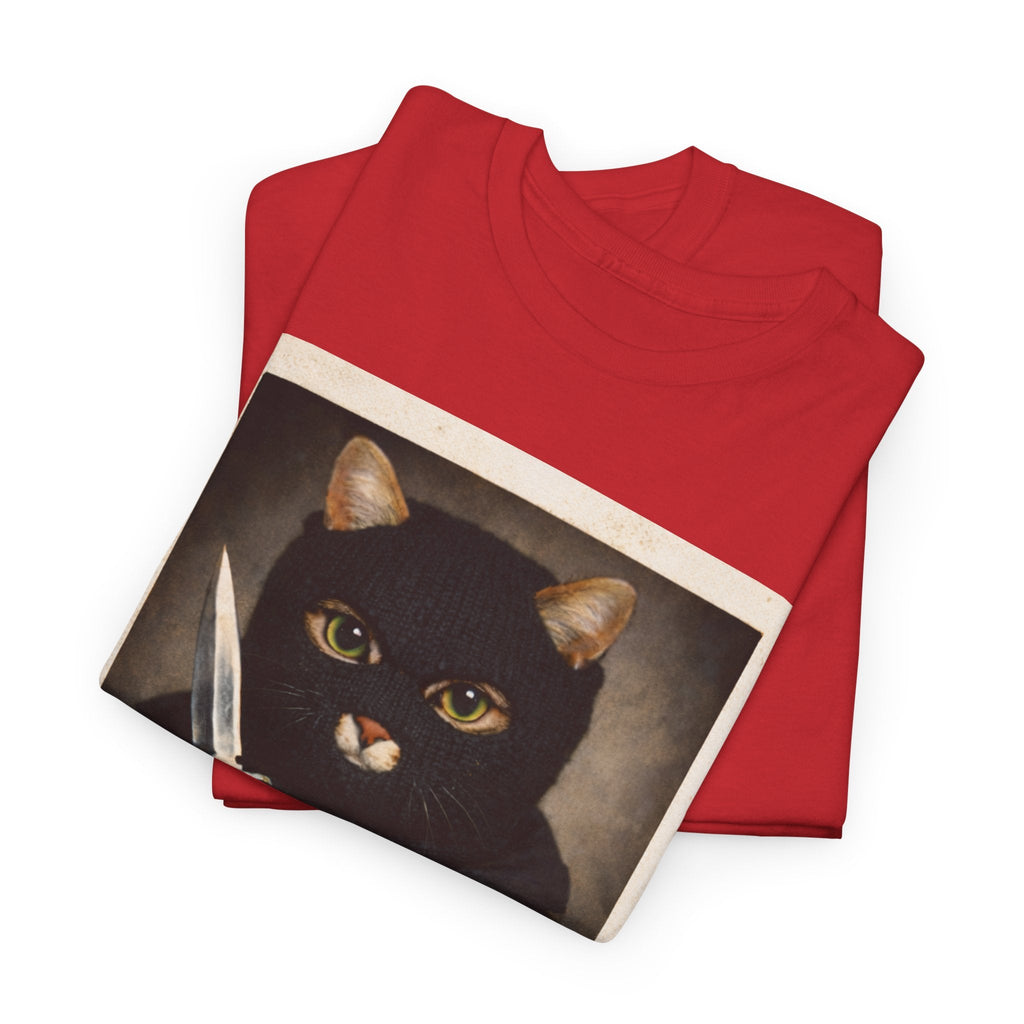 Cat With Knife Tee — "Mittens" Dark Humor Vintage Polaroid Graphic T-Shirt