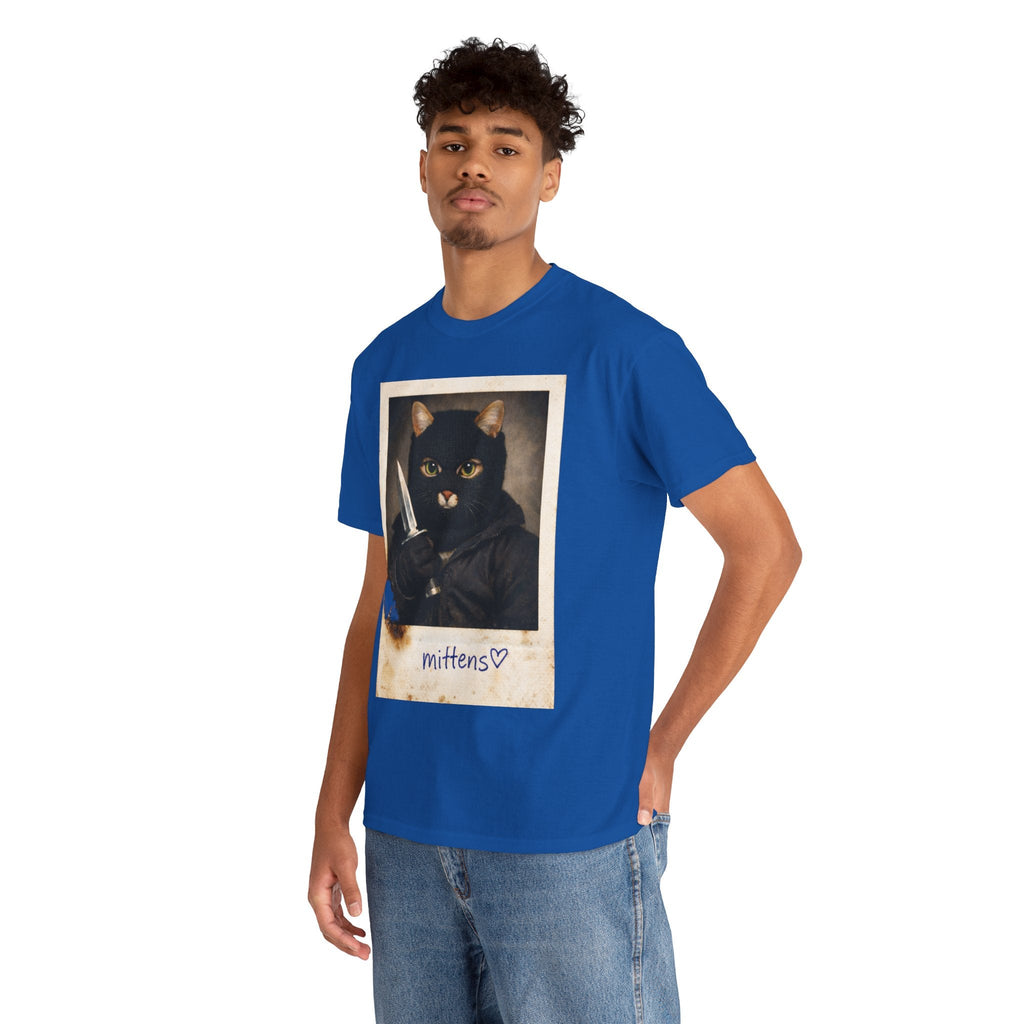 Cat With Knife Tee — "Mittens" Dark Humor Vintage Polaroid Graphic T-Shirt