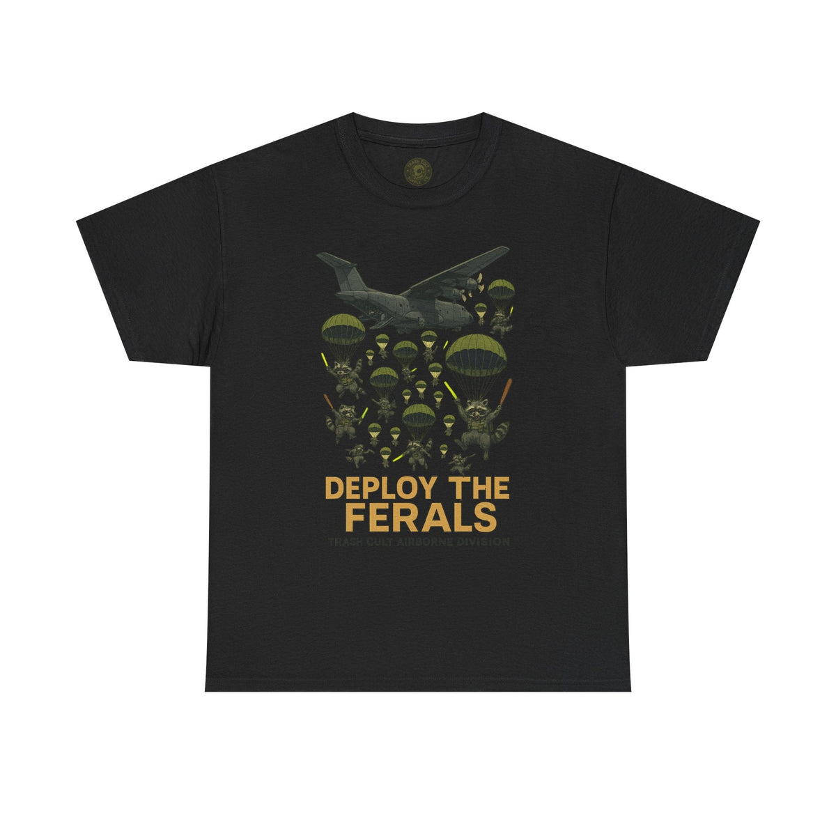 Deploy the Ferals T-Shirt – Airborne Raccoon Drop Graphic | Trash Cult Supply Co. | Gildan 5000 Heavy Cotton Tee