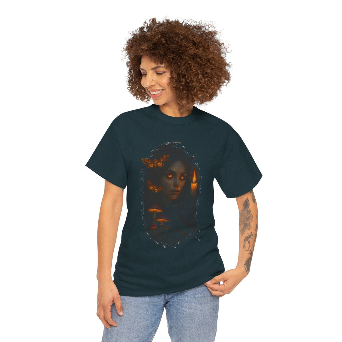 Mystical Night Unisex Heavy Cotton Tee, Witchy Shirt, Halloween Apparel, Fantasy Tee, Gift for Her, Art Graphic Tee