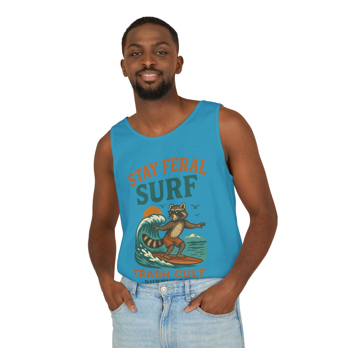 Stay Feral Surf Tank Top – Retro Raccoon Beach Tank – Trash Cult Supply Co – Comfort Colors 9360