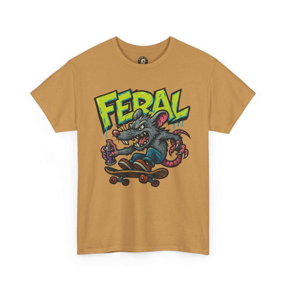 FERAL Graffiti Rat Skate Tee – Street Art Spray Can Mouse on Skateboard | Gildan 5000 Heavy Cotton Shirt