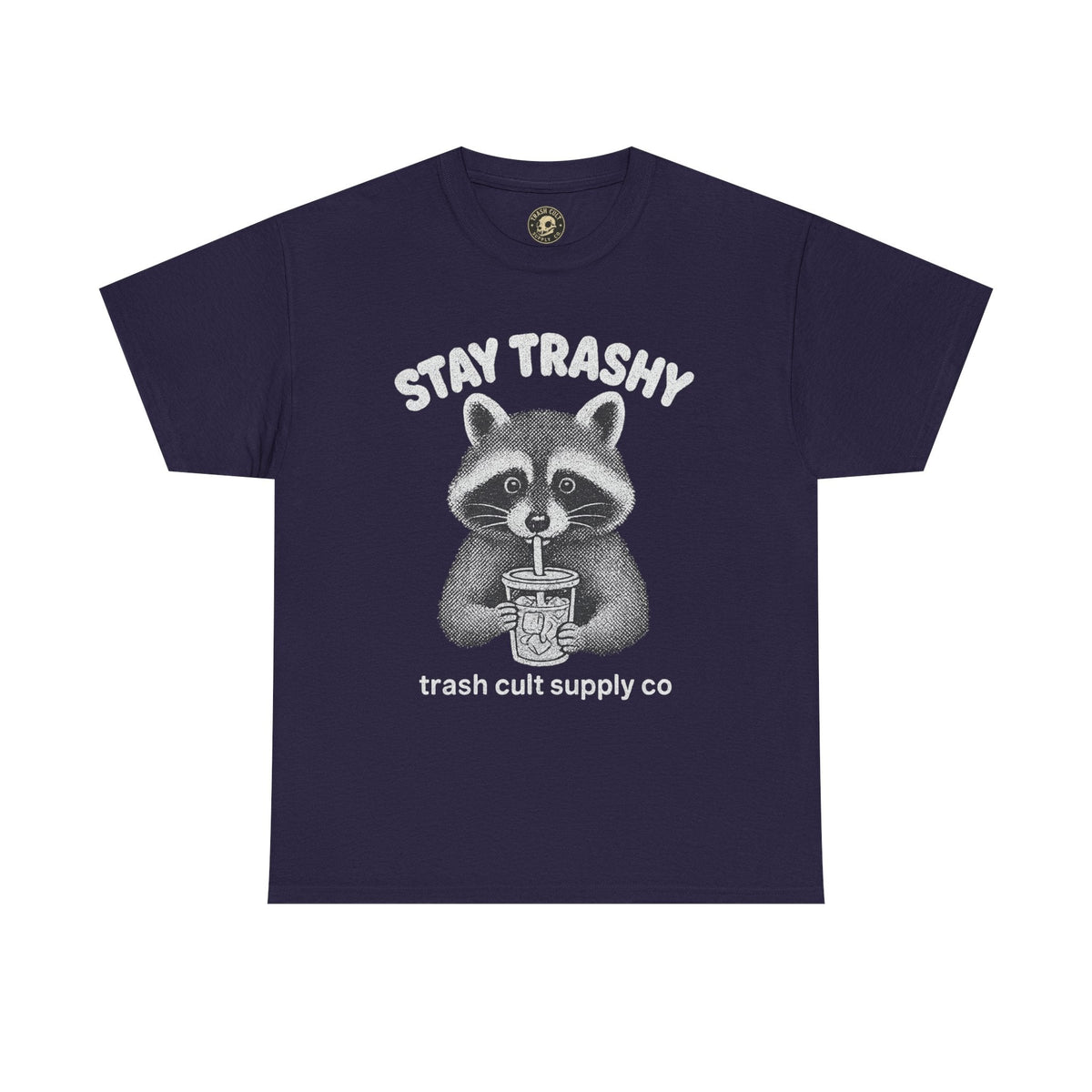 Stay Trashy Raccoon Iced Coffee Shirt – Halftone All White Design | Trash Cult Supply Co.