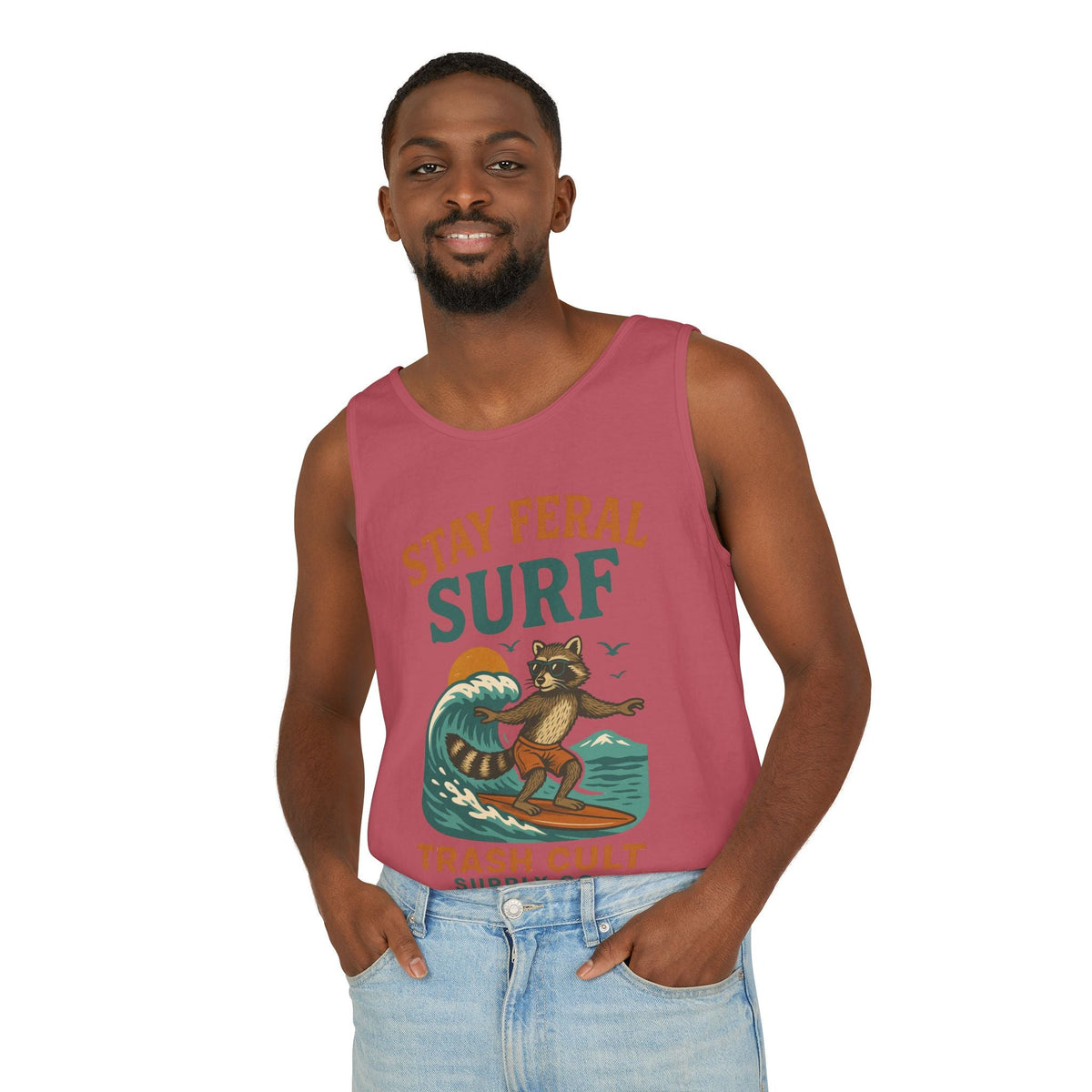 Stay Feral Surf Tank Top – Retro Raccoon Beach Tank – Trash Cult Supply Co – Comfort Colors 9360