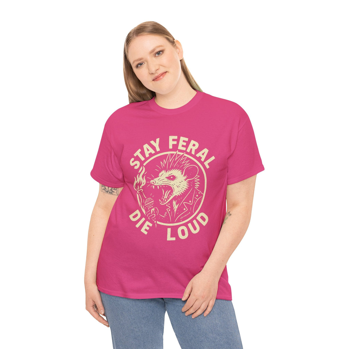 Stay Feral Die Loud Possum Punk Shirt – Trash Cult Supply Co – Gildan 5000 T-Shirt
