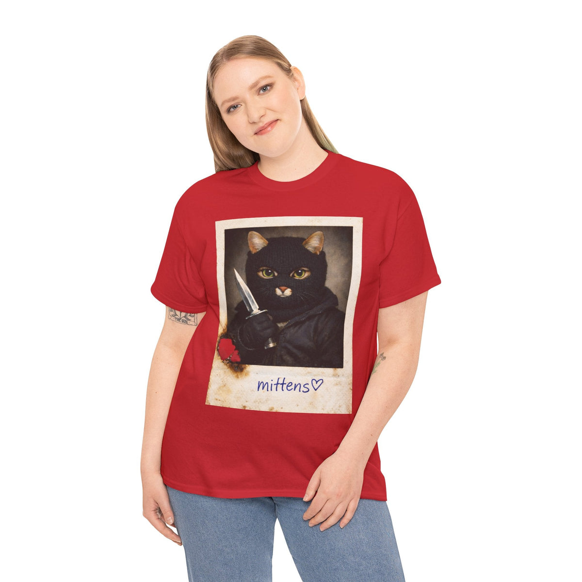Cat With Knife Tee — "Mittens" Dark Humor Vintage Polaroid Graphic T-Shirt