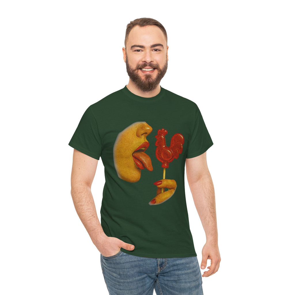 Bold Retro Halftone Tease – Red Rooster Lollipop Graphic Tee
