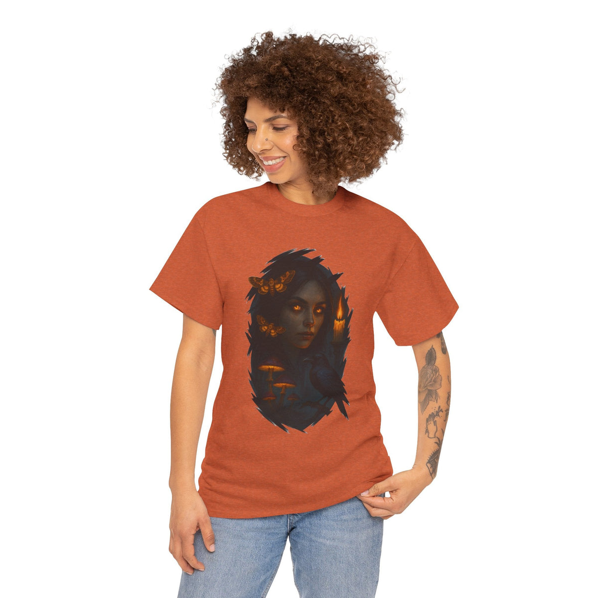 Mystical Night Unisex Heavy Cotton Tee, Witchy Shirt, Halloween Apparel, Fantasy Tee, Gift for Her, Art Graphic Tee