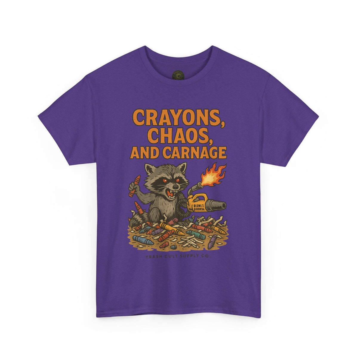 Crayons, Chaos, and Carnage T-Shirt – Dark Humor Raccoon Graphic | Trash Cult Supply Co. | Gildan 5000 Tee