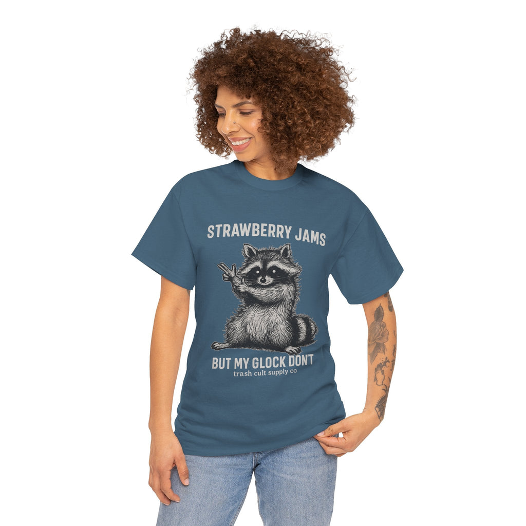 Strawberry Jams But My Glock Don’t Raccoon Shirt – Trash Cult Supply Co. Gildan 5000 Tee