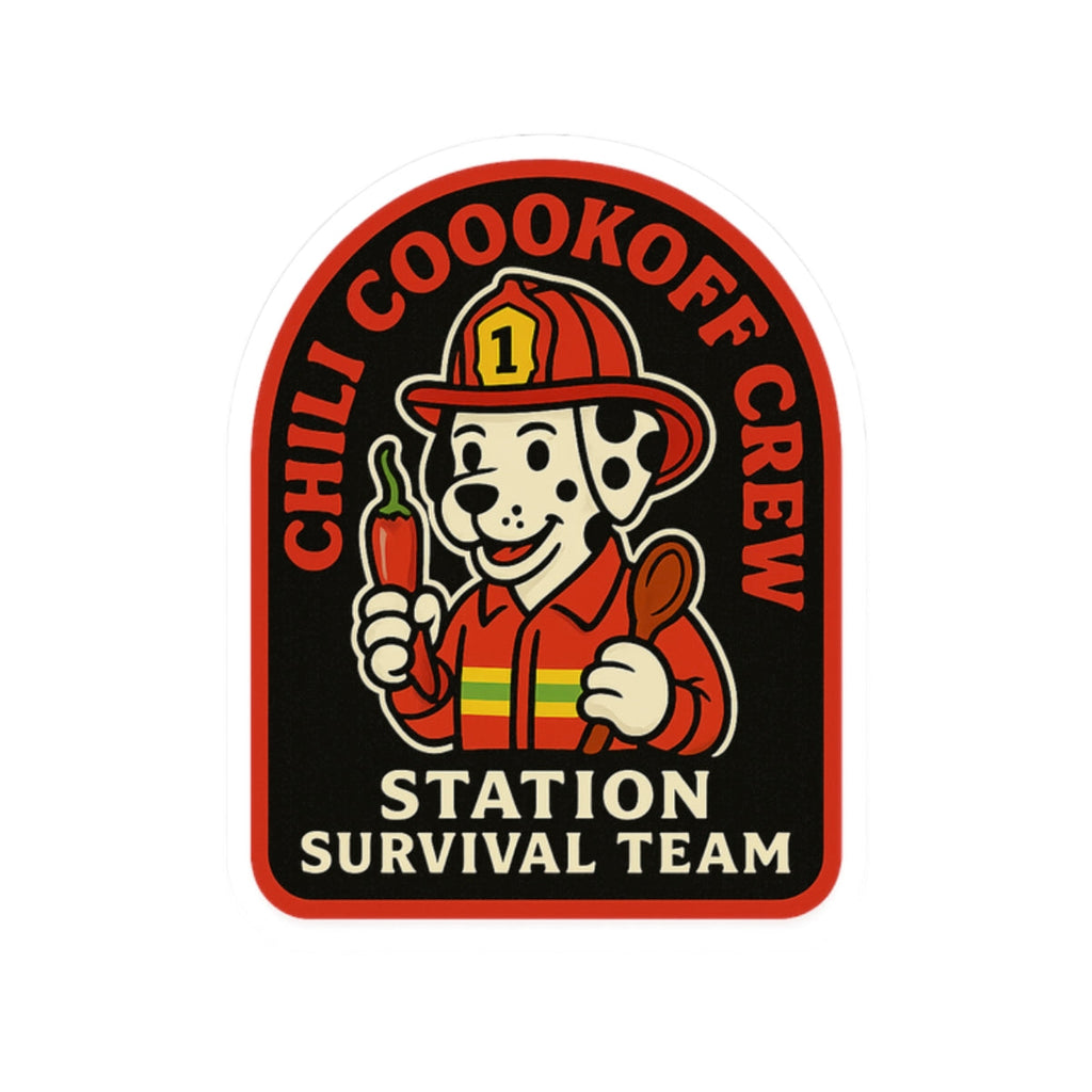 Chili Cookoff Crew – Station Survival Team Sticker – Funny Firefighter Vinyl Decal with Dalmatian Chef Design