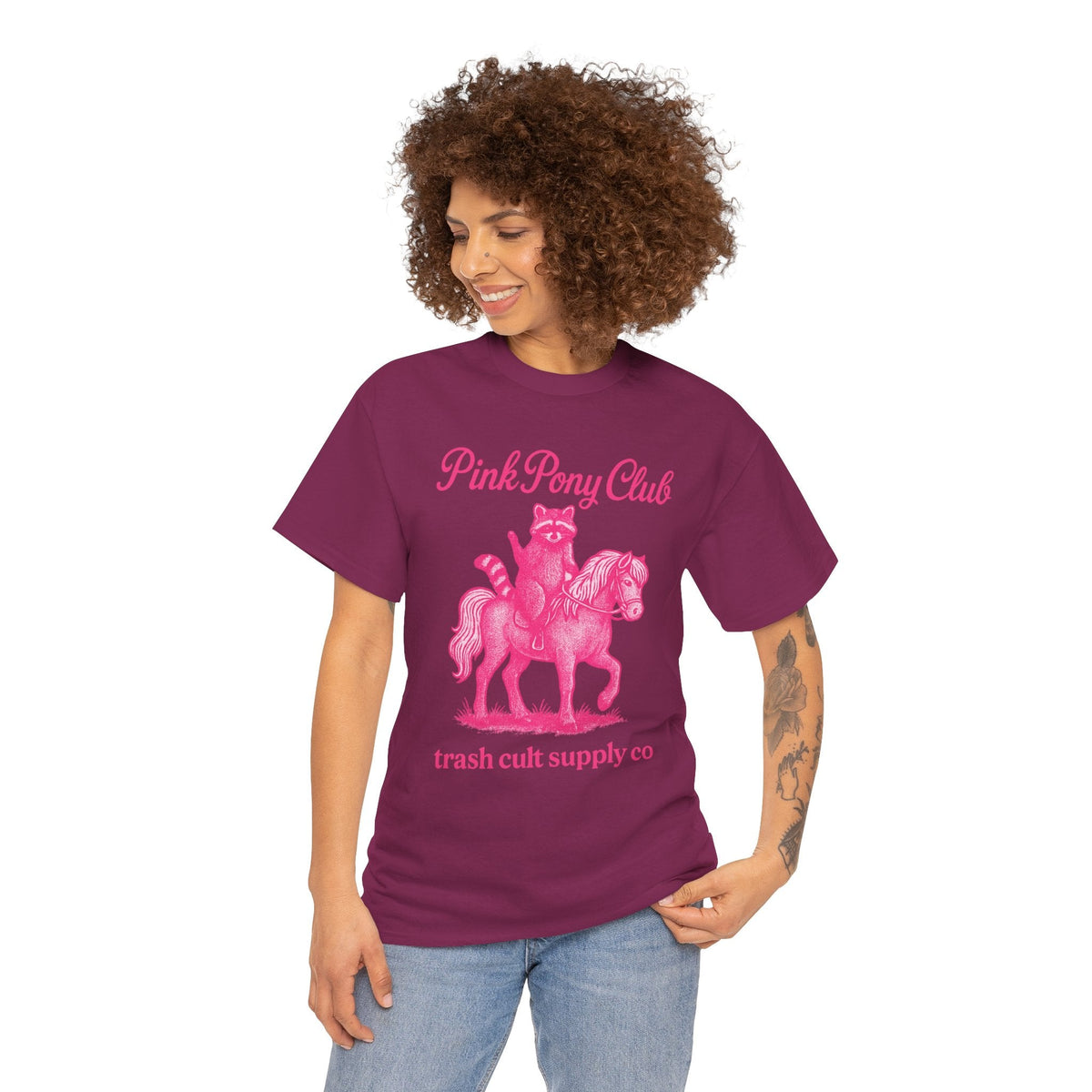 Pink Pony Club Raccoon Riding Pony Shirt – Vintage Hot Pink Halftone Tee by Trash Cult Supply Co