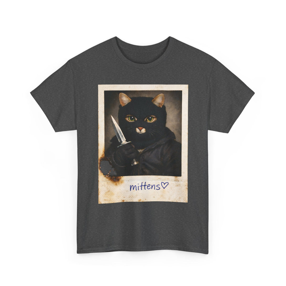 Cat With Knife Tee — "Mittens" Dark Humor Vintage Polaroid Graphic T-Shirt