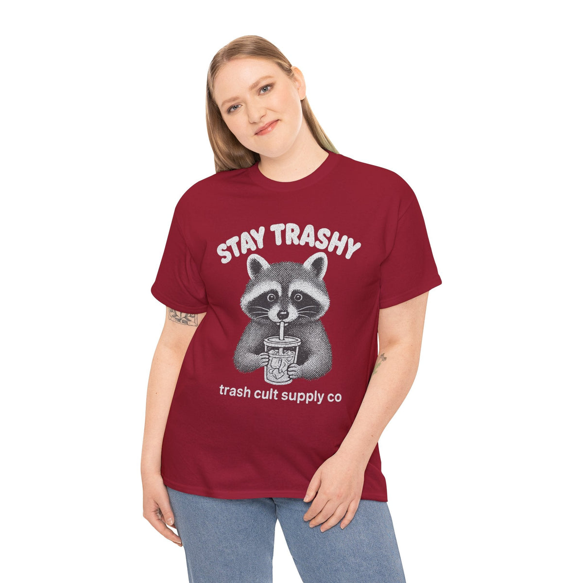 Stay Trashy Raccoon Iced Coffee Shirt – Halftone All White Design | Trash Cult Supply Co.