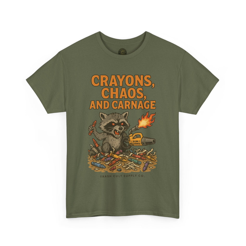 Crayons, Chaos, and Carnage T-Shirt – Dark Humor Raccoon Graphic | Trash Cult Supply Co. | Gildan 5000 Tee