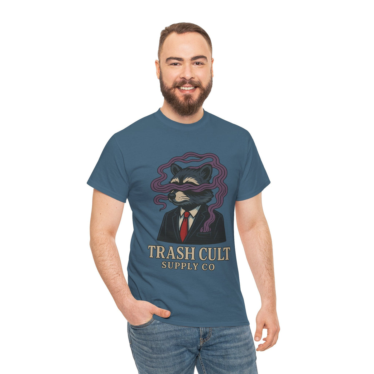 Suited Raccoon Smoke Design – Trash Cult Supply Co | Bold Graffiti Tattoo Tee
