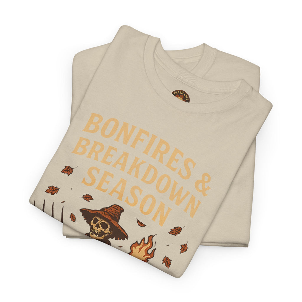 Bonfires & Breakdown Season Shirt – Skeleton Couch Chaos Tee – Fall of Humanity Collection – Trash Cult Supply Co.