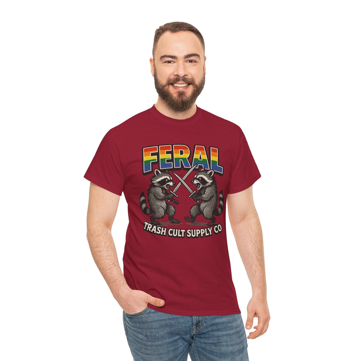 FERAL Rainbow Raccoon Sword Fighting Graphic Tee – Gildan 5000 Heavy Cotton