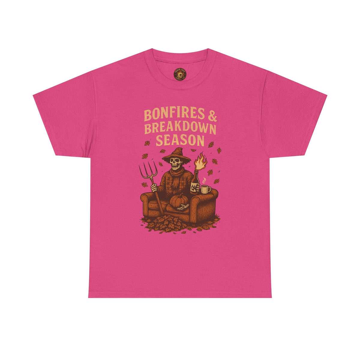 Bonfires & Breakdown Season Shirt – Skeleton Couch Chaos Tee – Fall of Humanity Collection – Trash Cult Supply Co.