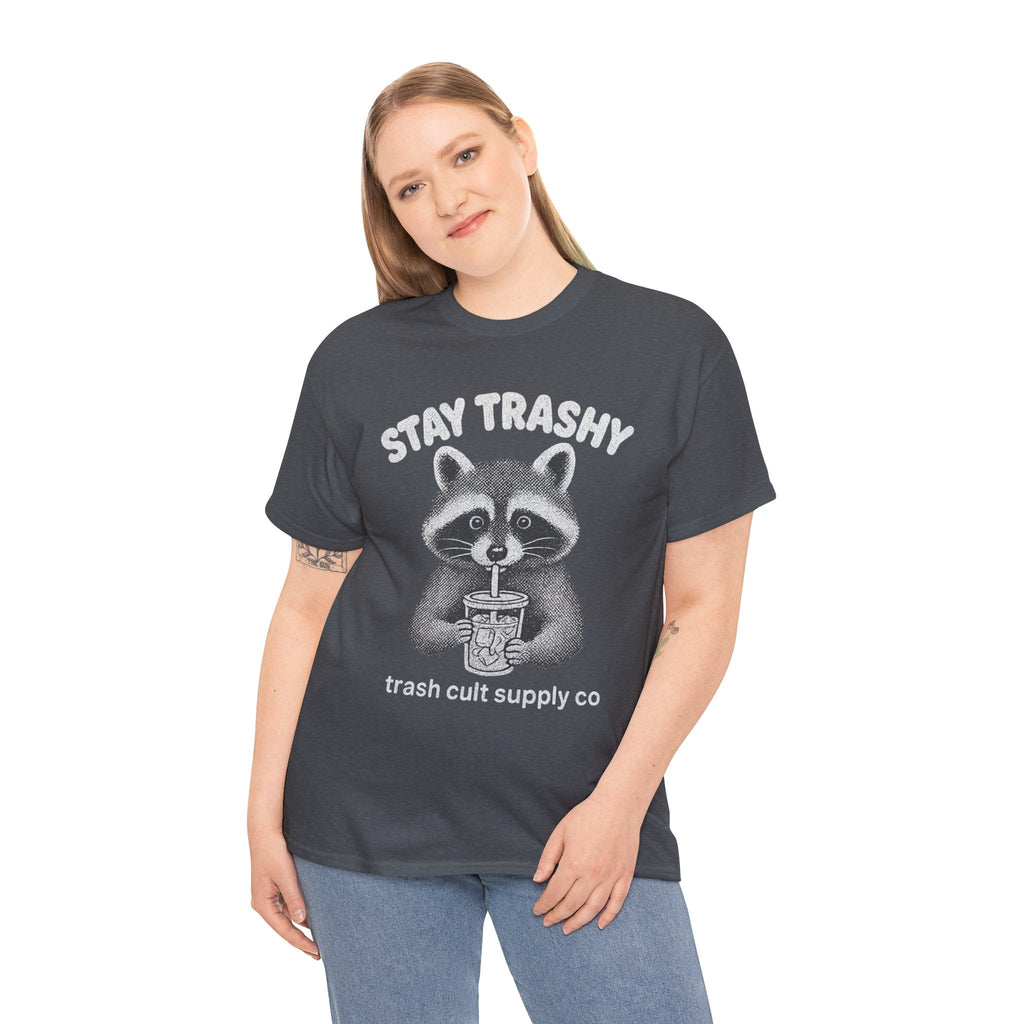 Stay Trashy Raccoon Iced Coffee Shirt – Halftone All White Design | Trash Cult Supply Co.
